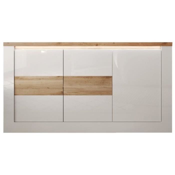 Buffet - IMOLA - Blanc laqué brillant / Chêne Clair - 3 portes - 160 x 43 x 88 cm - Eclairage LED