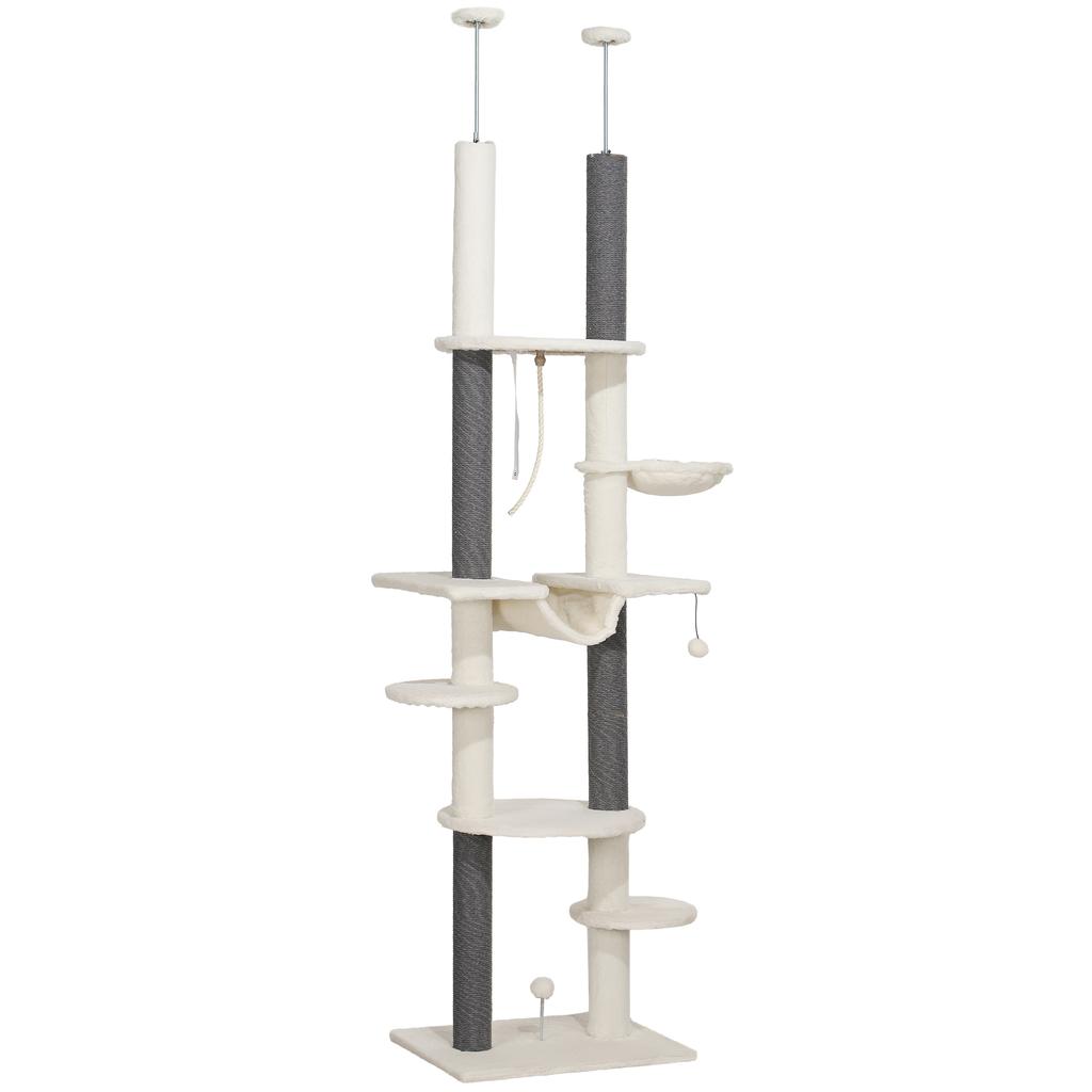 Cat Tree, Ceiling-High, Adjustable 225-255 cm, Platforms & Hammocks, Anti-Tip Safety, White