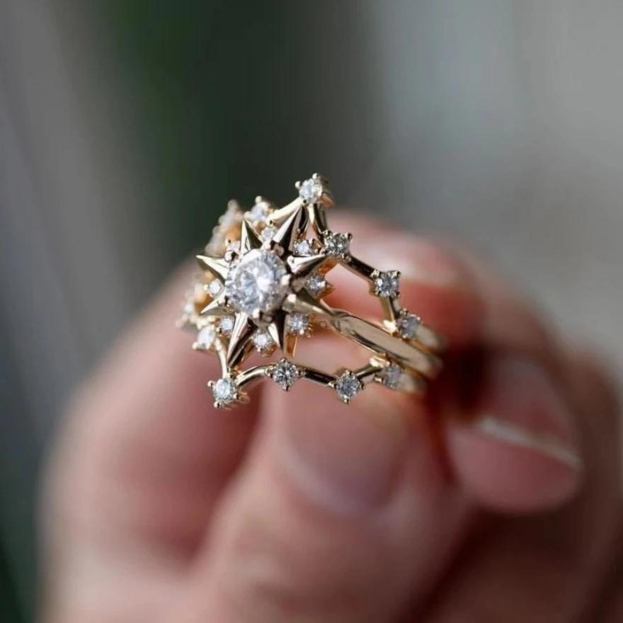 New star and moon shape Italian style ring niche zircon French jewelry ins ring