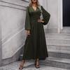 Women's Fashionable Solid Color V-neck Long Sleeved Slit Dress