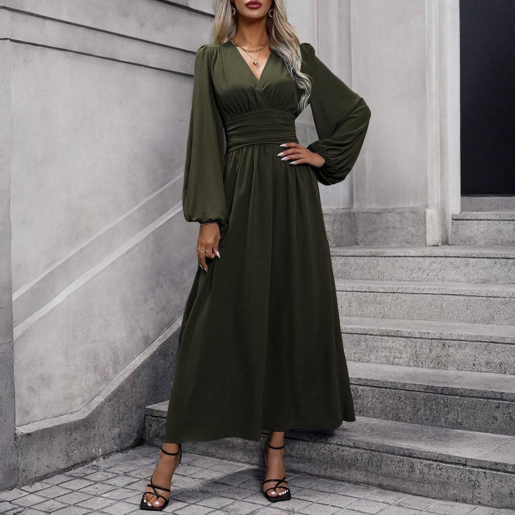 Women's Fashionable Solid Color V-neck Long Sleeved Slit Dress