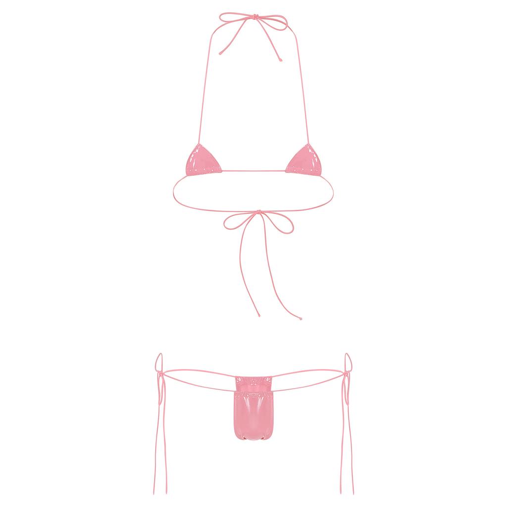 Womens Wet Look Halter Bikini Set High Shine Micro G-string with Adjustable Lace-Up Bra