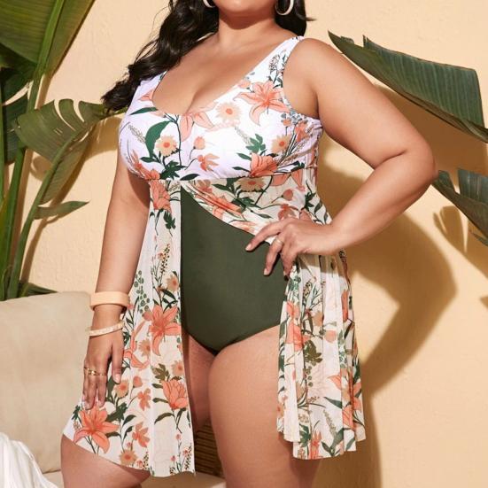Женский летний купальник большого размера с U-образным вырезом, без рукавов, с растительным принтом, с разрезом по низу, цельный, контролирующий живот, быстросохнущий, пляжная одежда EMA