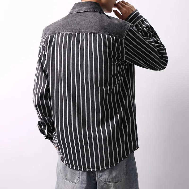 Весна Осень Мужская Мода Джинсовые Рубашки Мужские С Длинным Рукавом Повседневная Хлопковая Рубашка Мужские Полосатые Уличные Топы Отложной Воротник Блузка