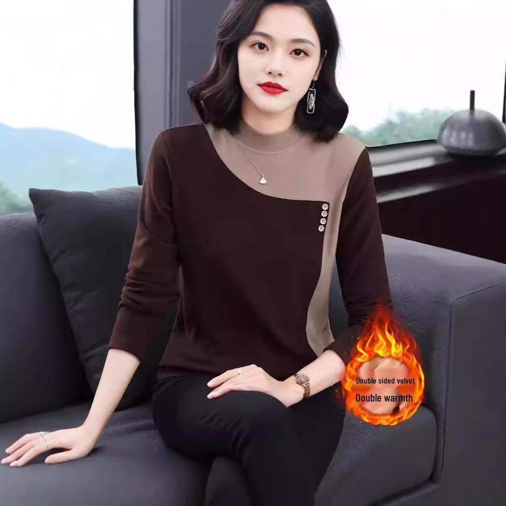 Round Neck Long Sleeve German Velvet Color Block T-shirt for Autumn and Winter