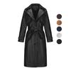 Women’s Coats Faux Leather Lapel Windbreaker PU Loose Three Row Button Trench Coat Classic Overcoat with Belt Autumn Winter Outer Wear
