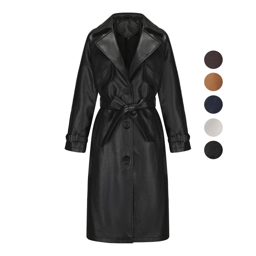 Women’s Coats Faux Leather Lapel Windbreaker PU Loose Three Row Button Trench Coat Classic Overcoat with Belt Autumn Winter Outer Wear