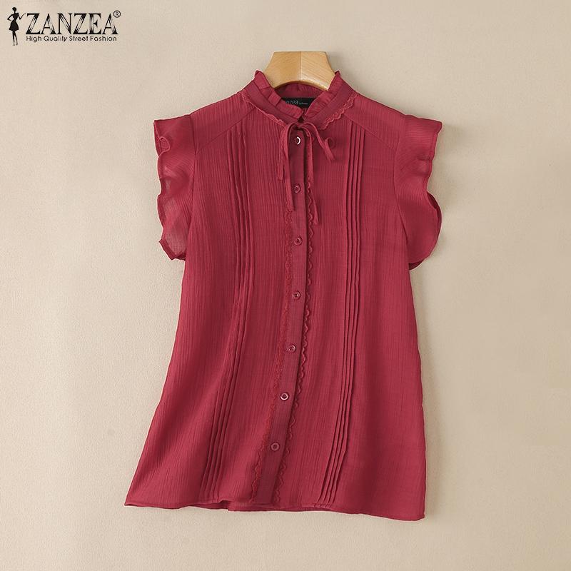 ZANZEA Летние женские топы без рукавов с оборками, кружевной отделкой и рюшами, повседневные майки