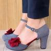 Red Camellia Plaid Hollow Sandals New European and American Style Round Head One-word Buckle with Thick Heel High Heel  Shoes