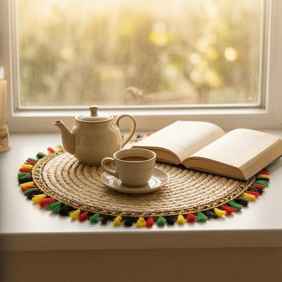 Corn Husk Placemat Heat Resistant Woven Table Mat Non-Slip and Colorful Tassels