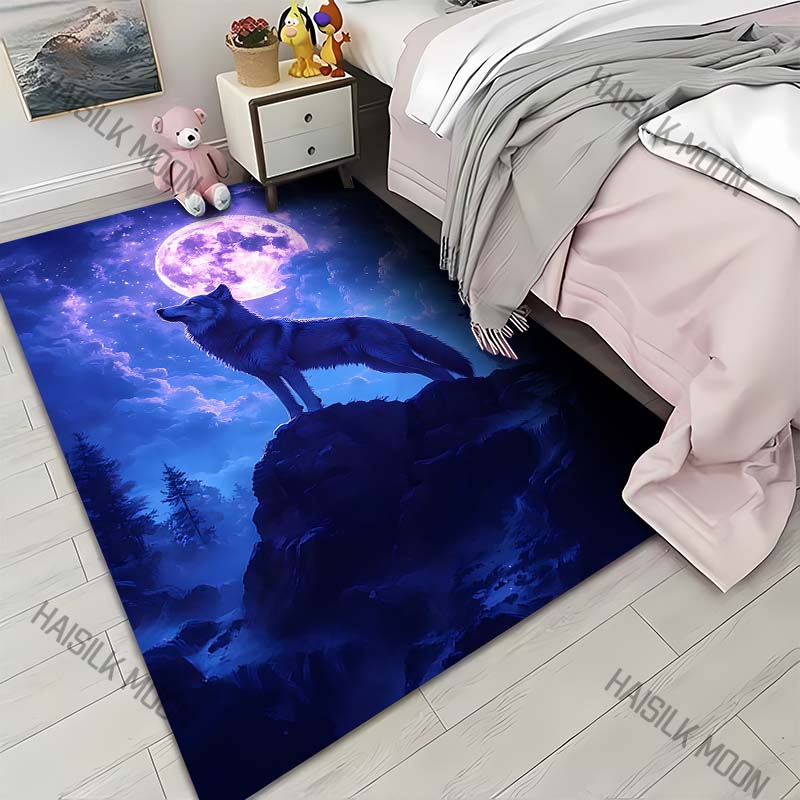 Lone wolf on mountain under moonlit sky Print Carpet for Living Room Bedroom Sofa Home Decor Rus Non-slip Floor Mat Luxury Gift