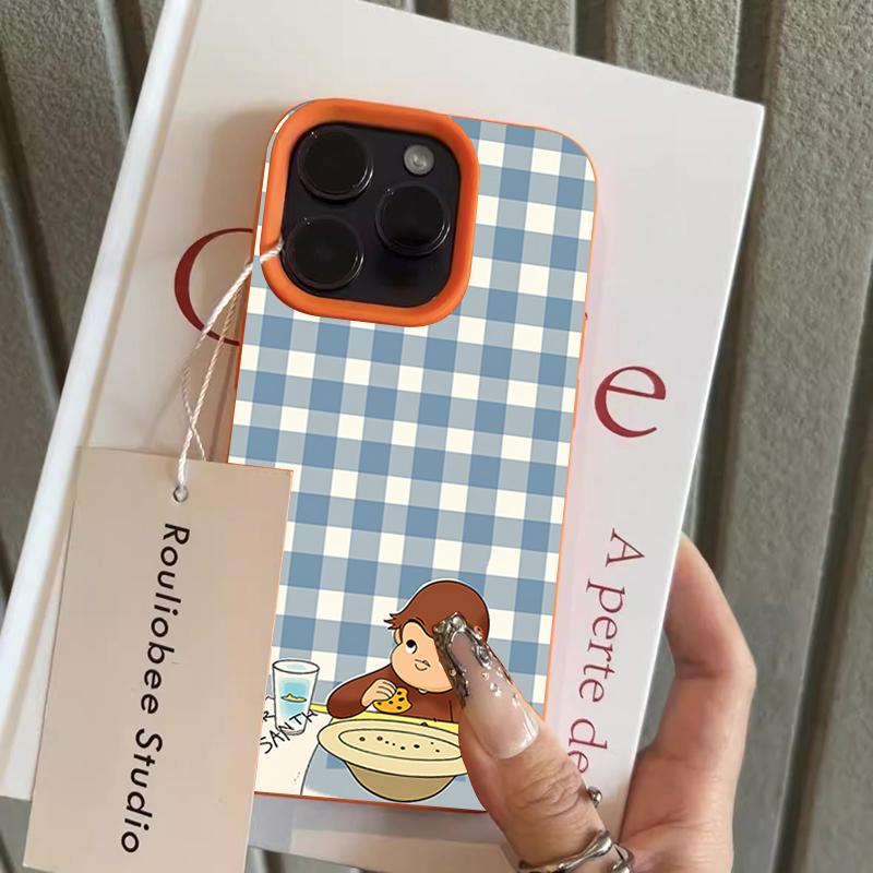 Cute Monkey Blue White Grid Soft TPU Phone Case For iPhone 17 16 15 13 12 11 Pro Max 14 Pro X XR XS MAX 16E 17Air Protect Cases