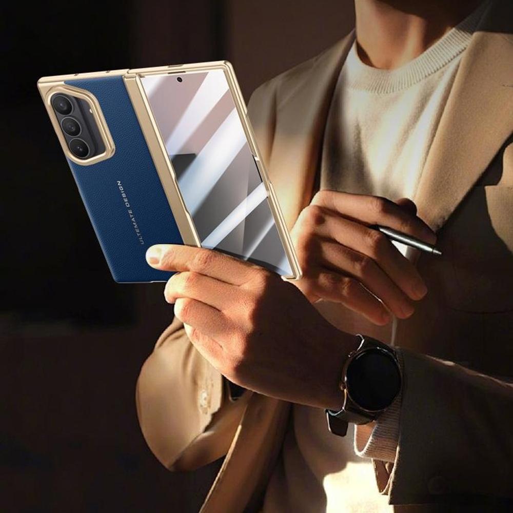 For Samsung Galaxy Z Fold7 5G Case Leather+PC Electroplated Phone Cover with HD Tempered Glass Film,Lens Kickstand