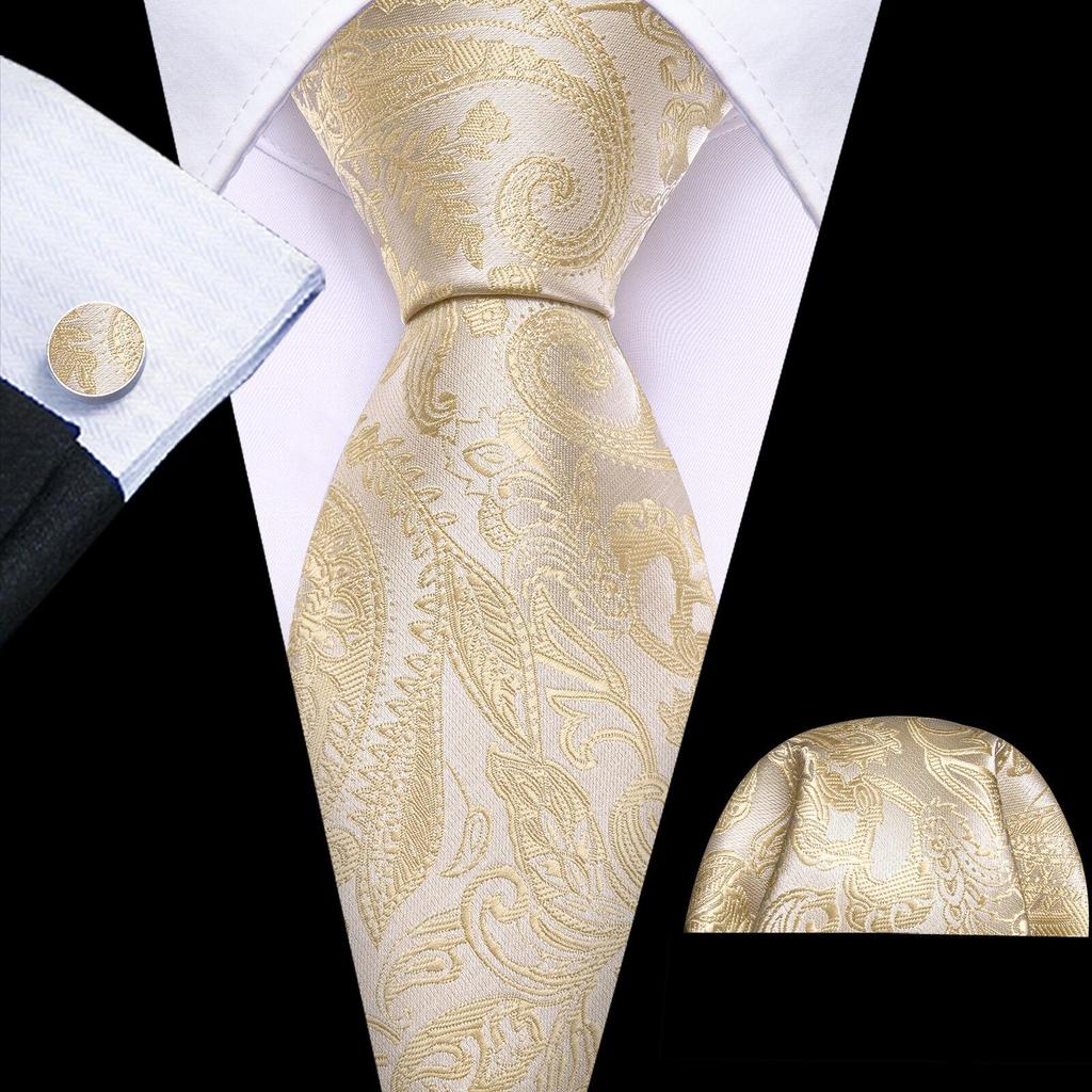 Barry.Wang Necktie Hankerchief Cufflinks Set Earth Yellow Paisley Jacquard Woven Wedding