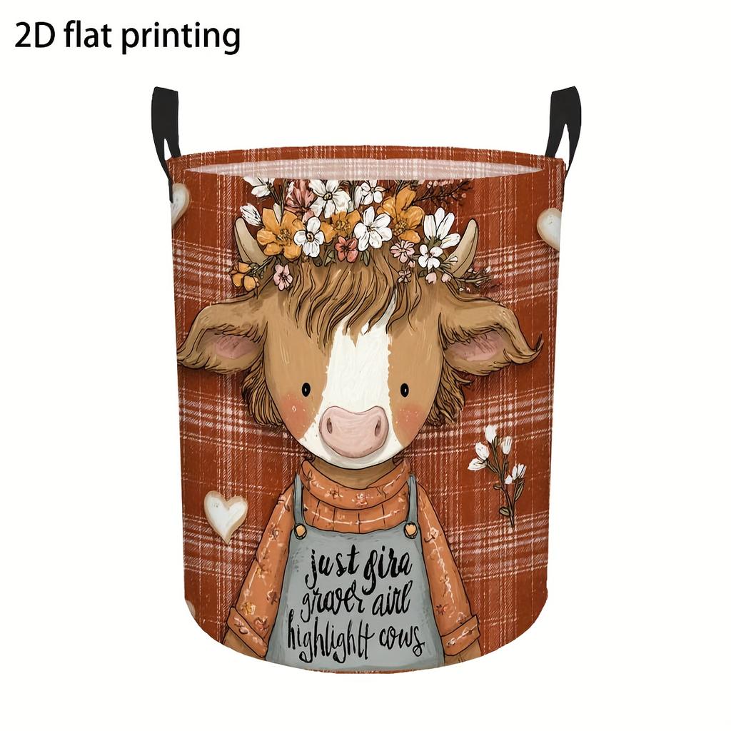 Round Laundry Hamper with Cute Floral Cow Print, Foldable Multi-Function Polyester Fabric Storage Box & Decorative Basket W/ Handles for or Clothes -
