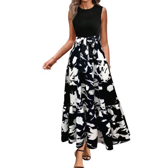 Женское летнее платье с круглым вырезом и коротким рукавом, с принтом и дизайном стыков, платье миди со струящимся подолом, пляжное вечернее платье