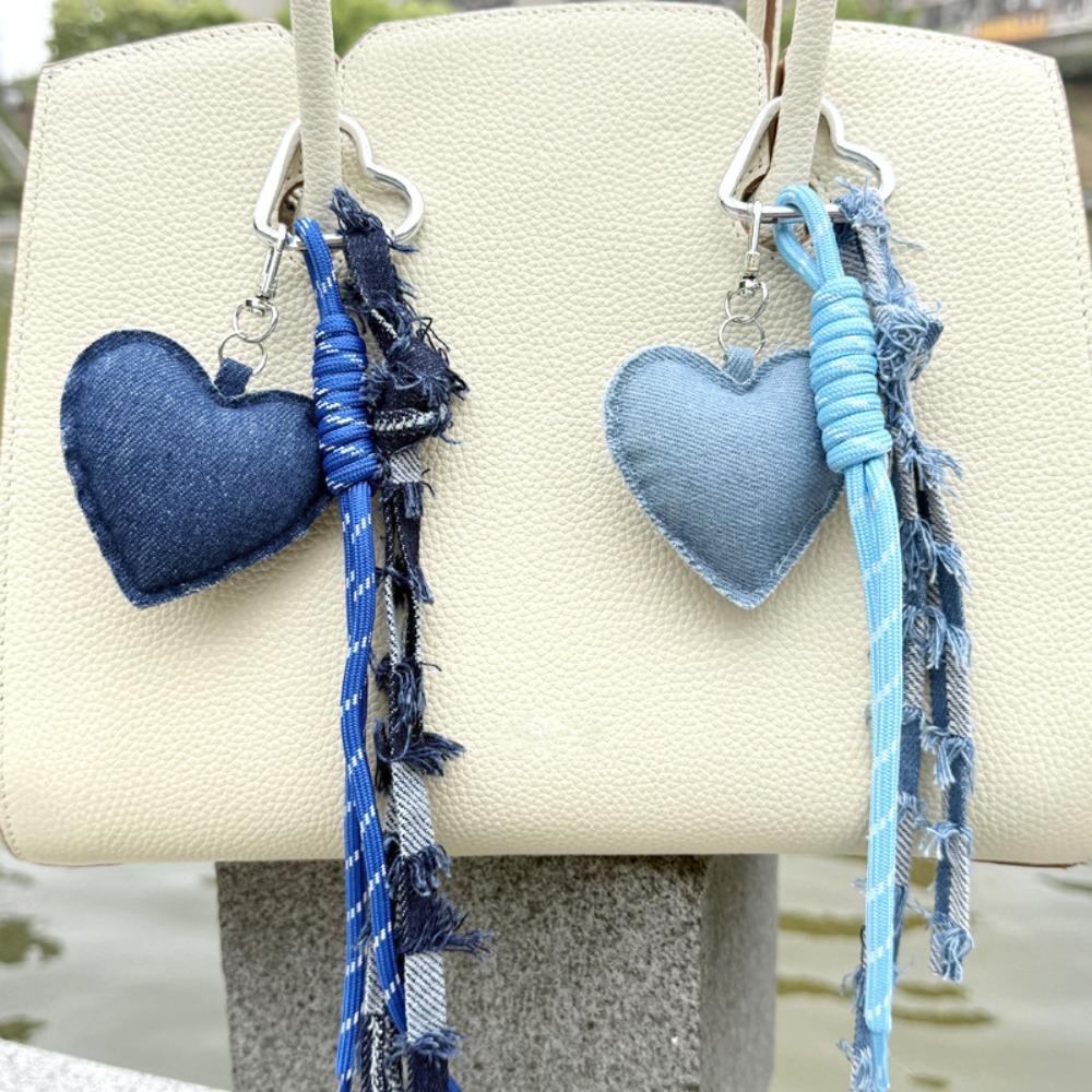 Star Heart Pendant Denim Keychain Distressed Frayed Keychain Pendant for Women Ladies Bag