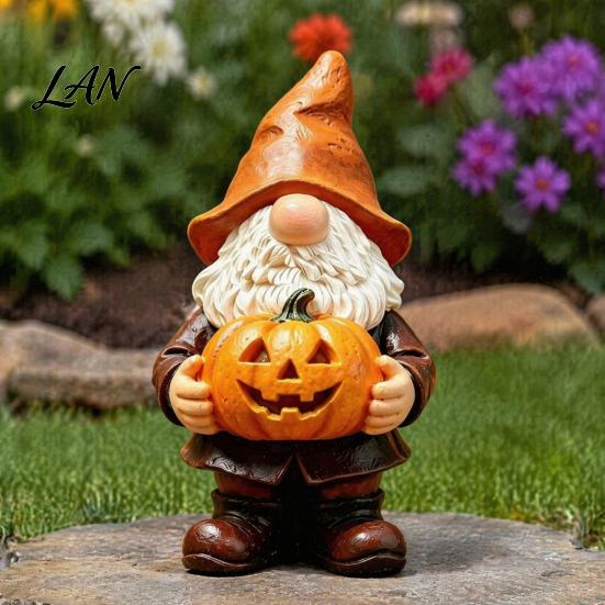 Unique Outdoor Garden Decor Halloween Gnome Statue, Faceless Holding Pumpkin Sculpture, Fall Figurine Waterproof Resin Statue for Porch Yard Autumn