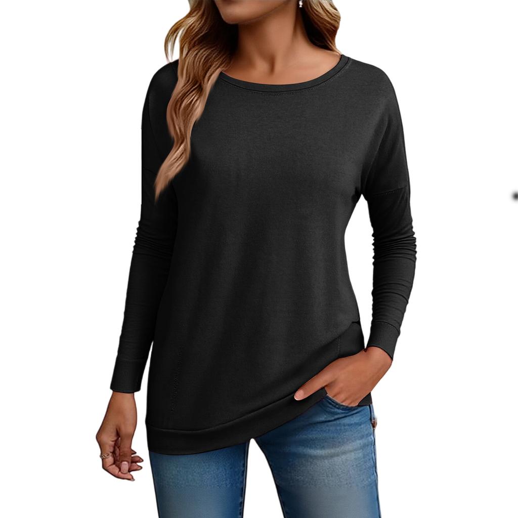 Women's Fashion Loose Round Neck Long Sleeve Solid Color T-shirt Top