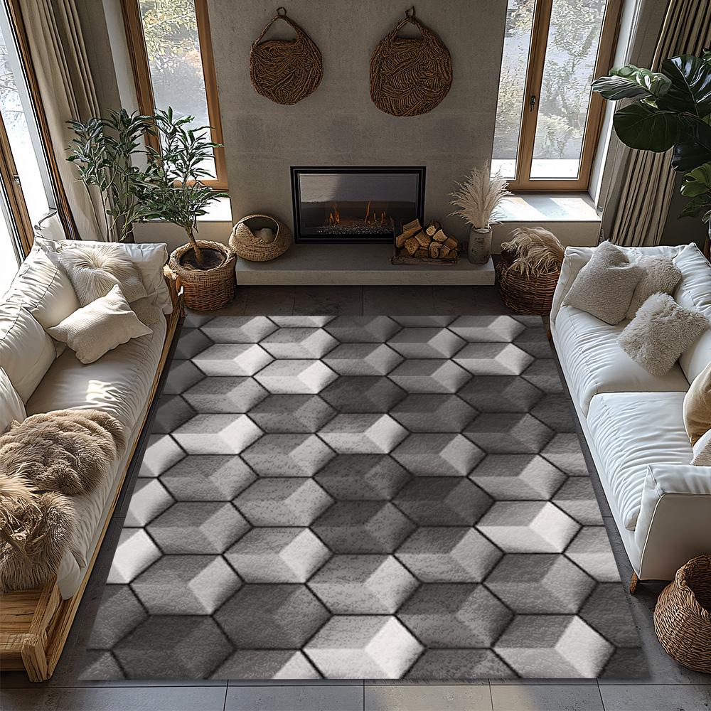 Tuniu Geometric Hexagon Gray Non-Slip Rug for Living Room Bedroom Kitchen Floor Mat