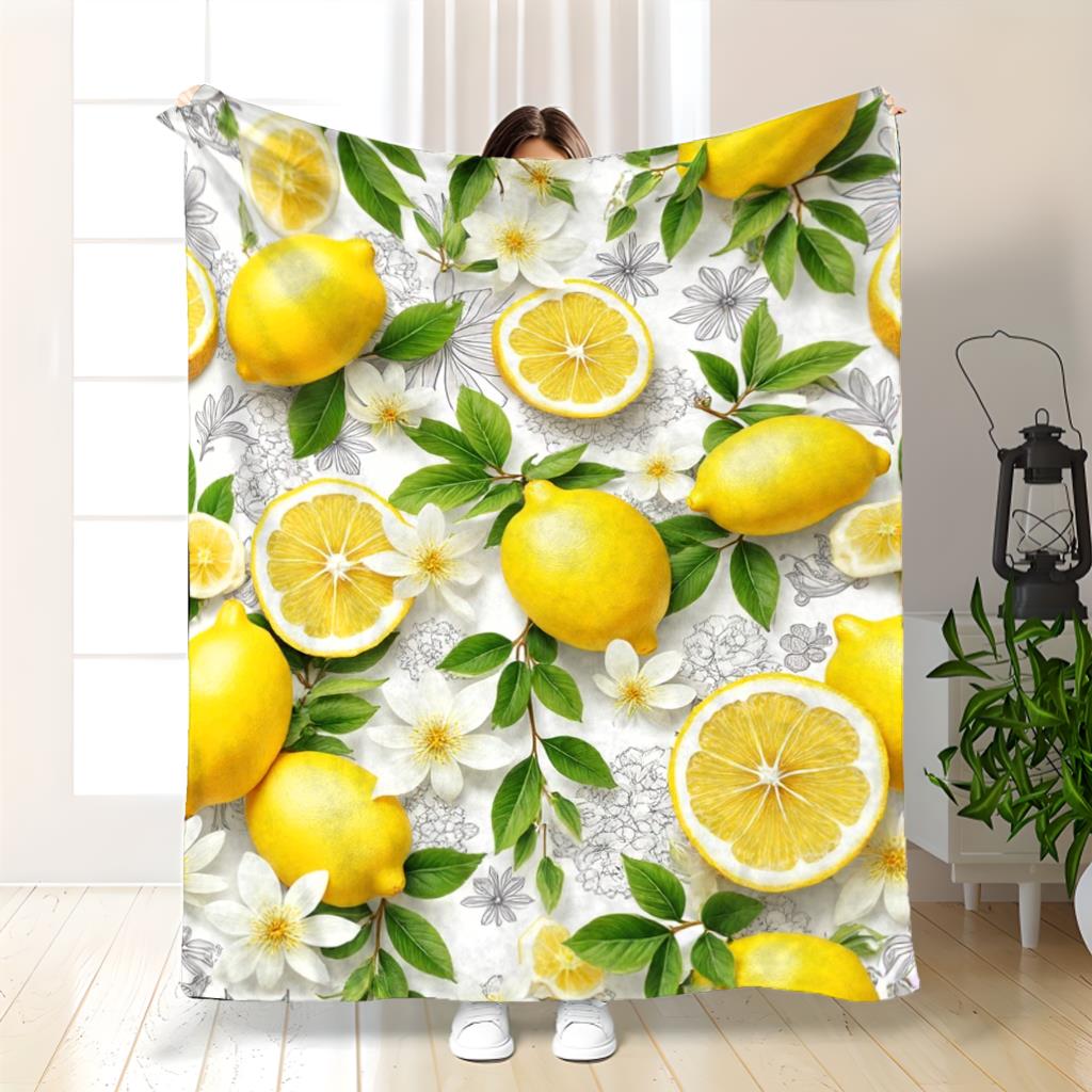 Fresh Lemon Fruit Floral Print Flannel Throw Blanket Bright Yellow Citrus Flower Pattern Soft Plush Blanket for Sofa Bed Couch