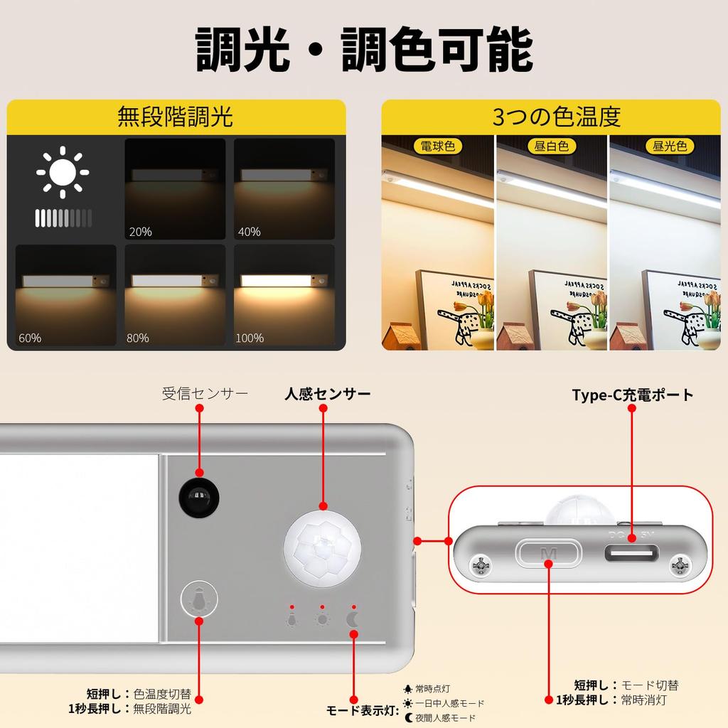 AuyiHomu Indoor LED Motion Sensor Light, Rechargeable, 30cm Bar Light, Magnet, Remote Control, Stepless Dimming, Color Adjustment, Bright,