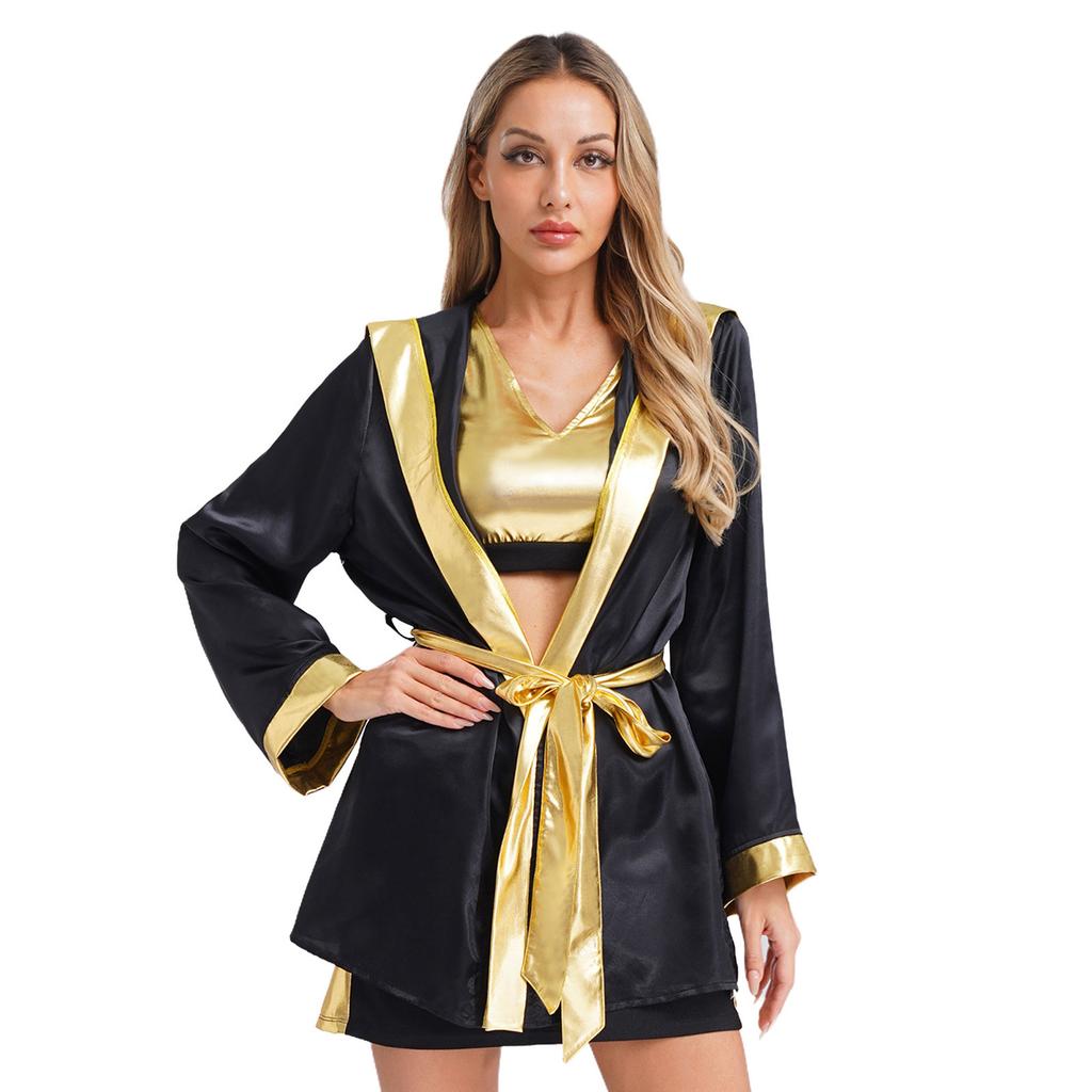 Womens Boxing Ring Outfit V Neck Tank Top Skirt Hooded Coverup Belt Halloween Cosplay Costume Set