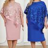 Women Plus Size Fake Two-piece Dress O-Neck Embroidery Floral Mesh Shawlmal Dress Knee Length Wedding Party Banquet Prom Dress