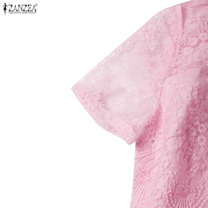 ZANZEA Женское кружевное платье-футляр с круглым вырезом и короткими рукавами