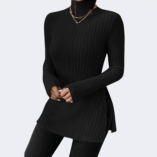 Women Knitting Tops High Collar Long Sleeve Slim Fit Sweater Tops Mid-length Side Split Design Solid Color Ribbed Tops