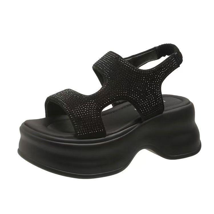 New Thick-soled Women's Sandals Women's Summer Stepping On Shit Feeling Versatile and Not Tired Feet Muffin Bottom Rhinestone Roman Shoes