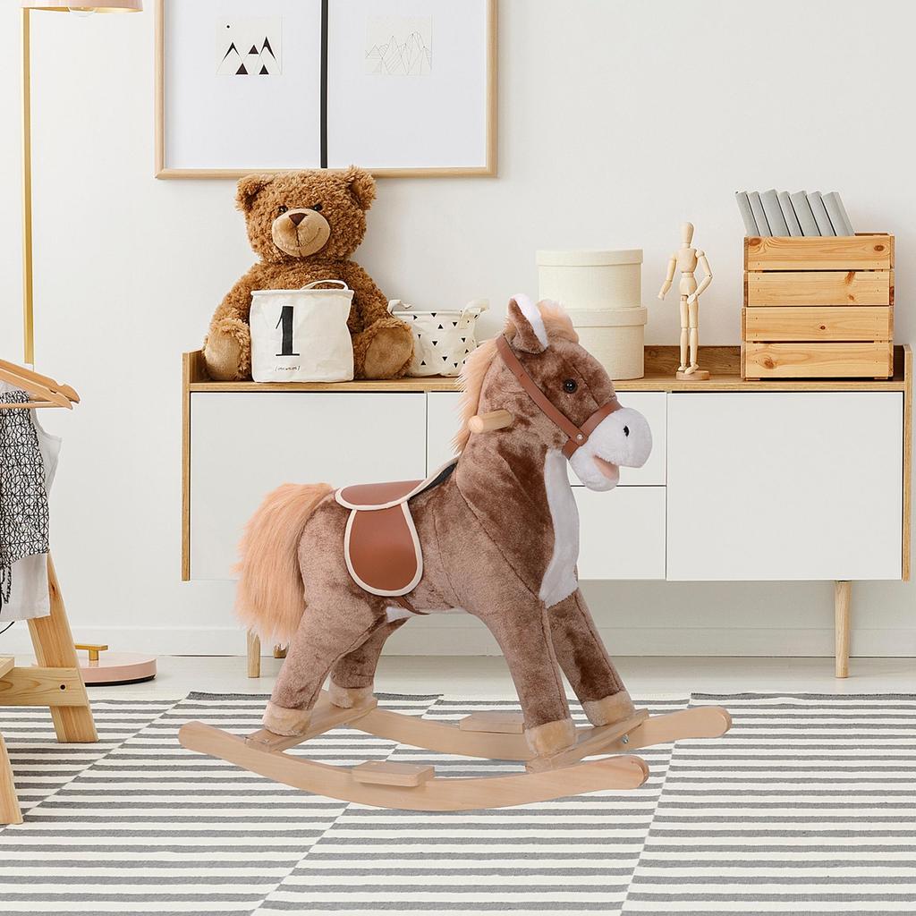 Kids Children Plush Rocking Horse Wooden Base Ride On Toy Rocker with Handle Grip Traditional Toy Fun Gift for Age 3+ (Brown & White)