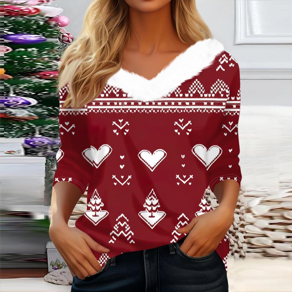 Рубашки с рукавом 3/4 для женщин, рождественские футболки с графическим принтом, блузки, повседневные базовые топы на пуговицах больших размеров, пуловеры
