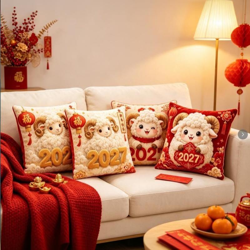 Sheep Plush Throw Pillow Soft Fluffy 2027 Lunar New Year Decorative Cushion for Sofa Bed Office Holiday Gift