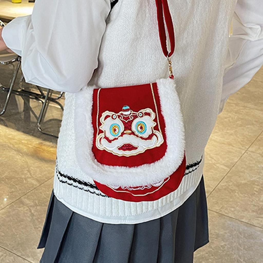 Embroidered Tote Bag Red Embroidered Plush Handbag Traditional Shoulder Bag for Ladies Girls Home Commuting Shopping Beach Sea