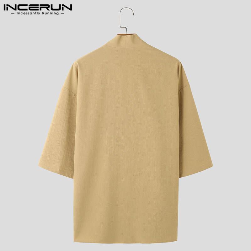 INCERUN Мужские топы с рукавами 3/4, свободные повседневные рубашки-кимоно со шнуровкой спереди