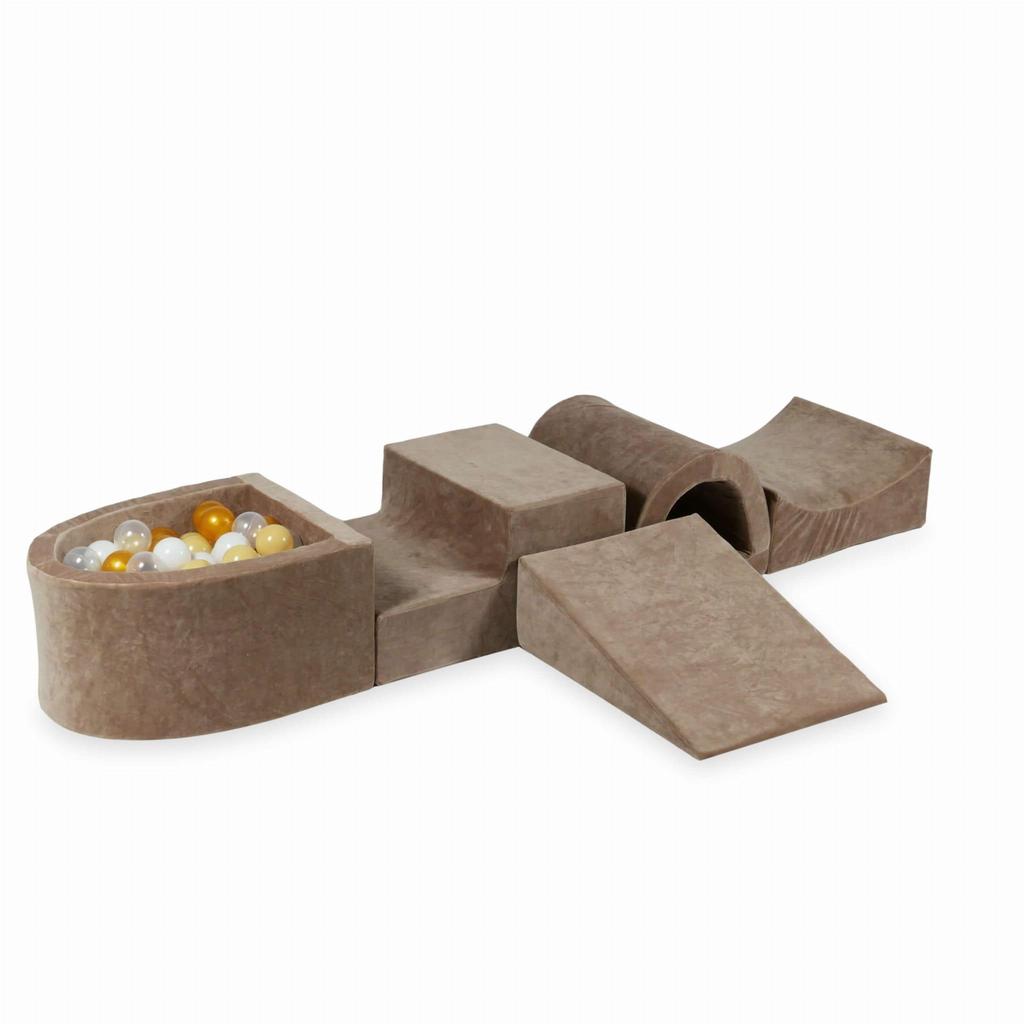 Foam playground with bridge and pool micro Velvet Soft Dark Beige + 100 balls: transparent, white, beige, gold