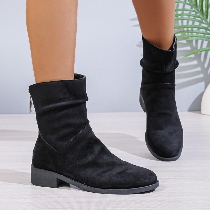 2024 Winter Women's Boots New Round Toe Solid Color Square Heel Suede Short Tube Zipper Low Heel Women's Fashion Boots