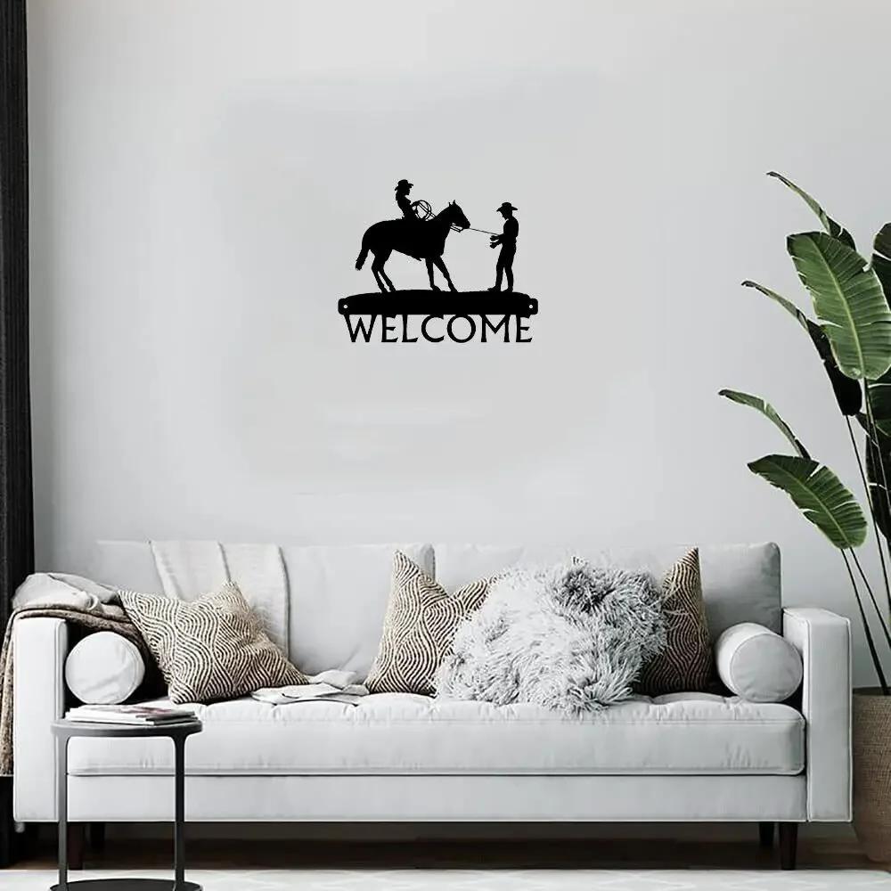 Fine Catch - Cowboy & Cowgirl Welcome Sign - 12 Inch Wide Metal Wall Art - Rustic Western Charm for Home Entrances