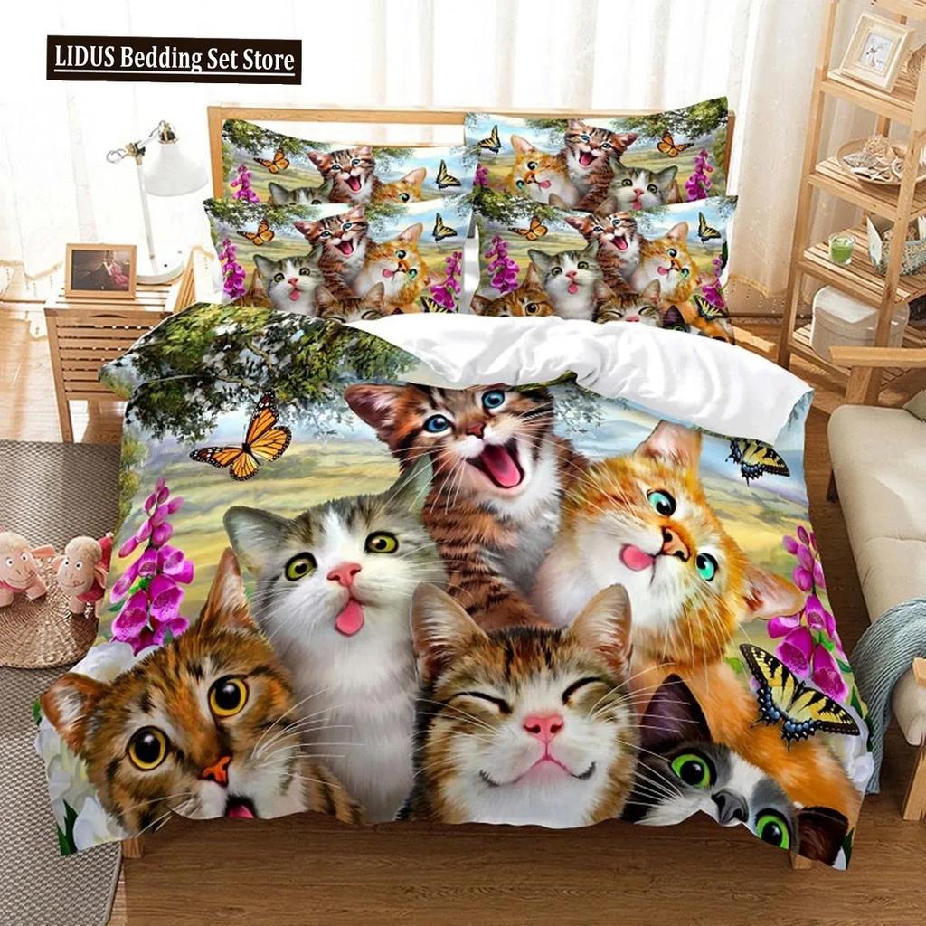 3D Кошка Милый котенок Узор Пододеяльник Кошка Детская Спальня Украшение Кошачий Комплект Постельного Белья Для Женщин Девочек Мальчиков Подарки На Молнии 3 шт