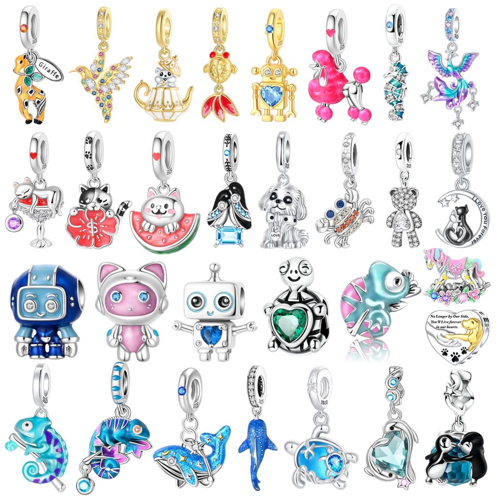 Original 925 Silver Penguin Whale Chameleon Pendant Robot Plant Bead Decoration fit Necklaces Bracelets Jewelry Gifts
