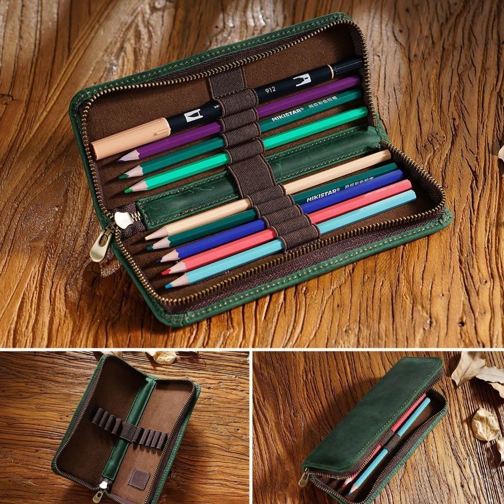 Genuine Leather Pencil Bag Multi-functional Pen Protective Cover Office School Supplies