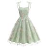 Women's White Vintage Hepburn Style Embroidered Spaghetti Strap Maxi Dress Lace Up Tie Waist A-Line Elegant Evening Cocktail Party Gown