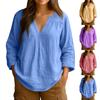 Women's Fashion Solid Color Casual Loose Long Sleeve Linen V-Neck Shirt Top