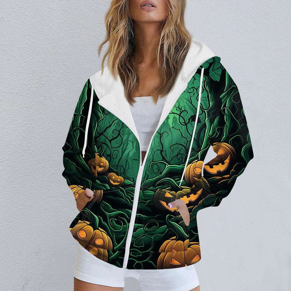 Женская повседневная спортивная одежда с принтом на Хэллоуин, осенне-зимняя куртка с капюшоном и длинными рукавами, с карманом на молнии