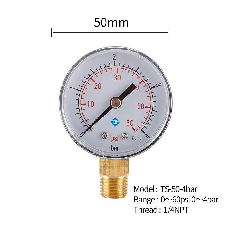 TS-50-4bar 50mm Manometer 0-60psi/0-4bar Dual Scale Water Pressure Dial 1/4 NPT Hydraulic Pressure Gauge