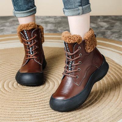 Зима 2024 года, новые модные плюшевые теплые туфли из натуральной кожи, мягкие подошвы, круглый носок, женские короткие сапоги