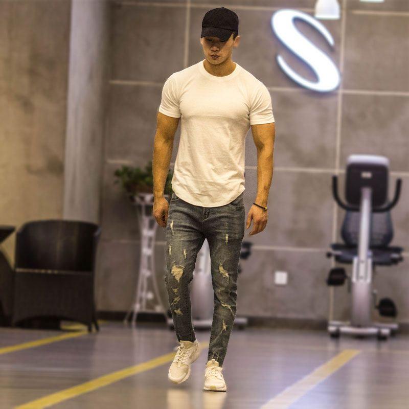 High Street European and American Men's Muscle below the Hip Brother Short Sleeve T-shirt