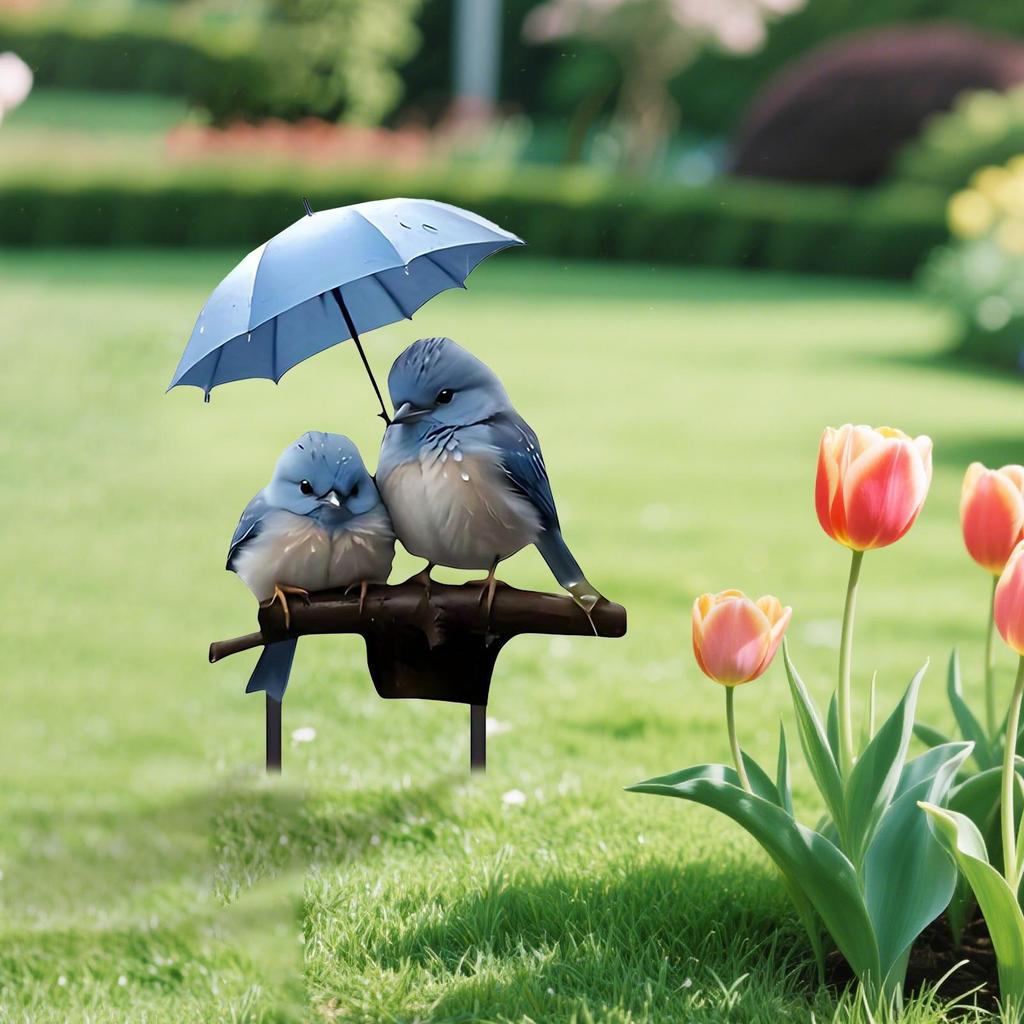 1pcs Garden Stake Outdoor Decoration 2D Acrylic Garden Blue Bird with Umbrella Decor Fairy Art Lawn Garden Stake For Yards