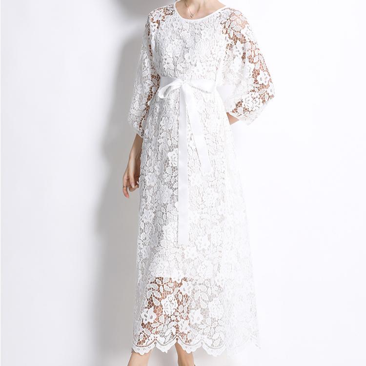 Spring Autumn Women Elegant Embroidery Lace Crochet Flower Oversized Lace-up Ankle Length Party Dresses